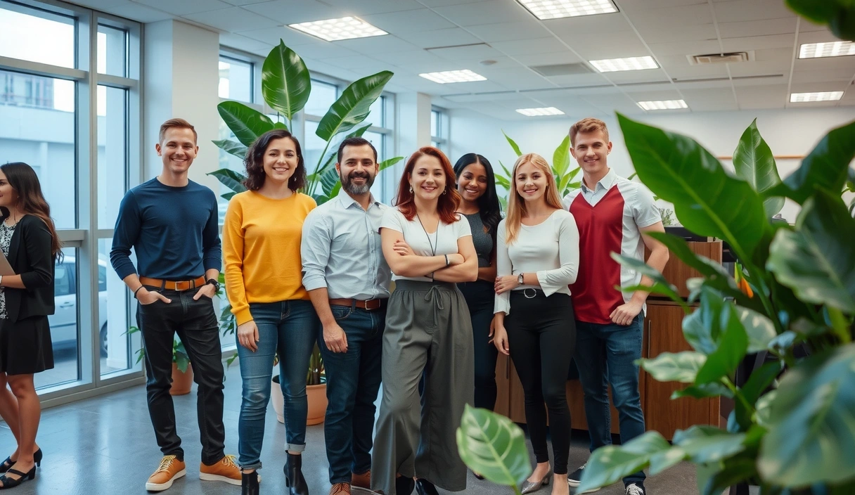 A team of diverse individuals collaborating in a modern, plant-filled office, representing teamwork and shared values