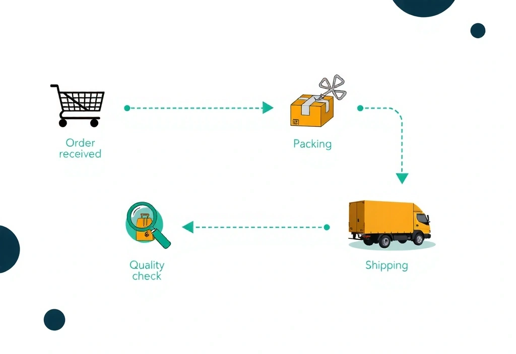 Illustration of a detailed order processing workflow with icons for order received, packing, quality check, and shipping.