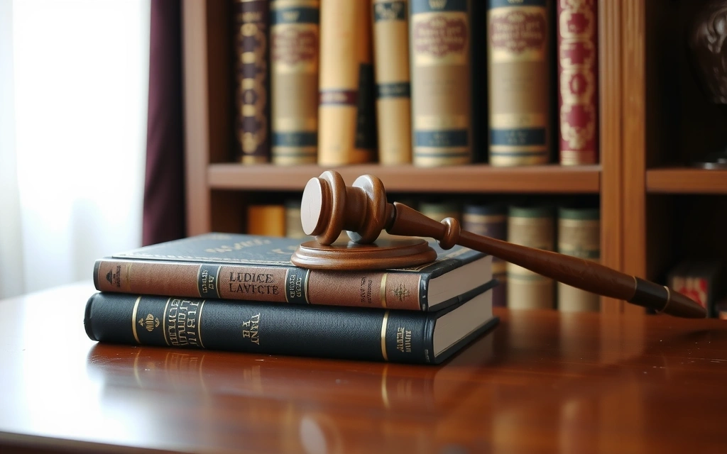 Gavel and legal books on a dark desk, symbolizing law and justice.